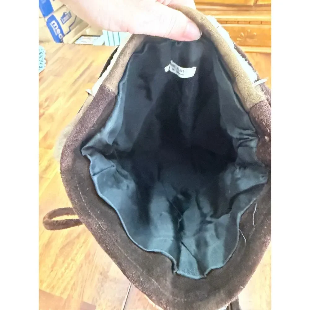 Vintage Genuine Fur Patchwork Drawstring Bucket Bag Brown Cream Made Spain